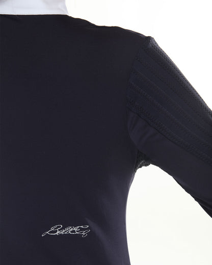 Lolly Show Shirt Long Sleeve navy equestrian show shirt by BellEq with textured striped sleeves and BellEq embroidery on back on Tampa Home & Garden Store