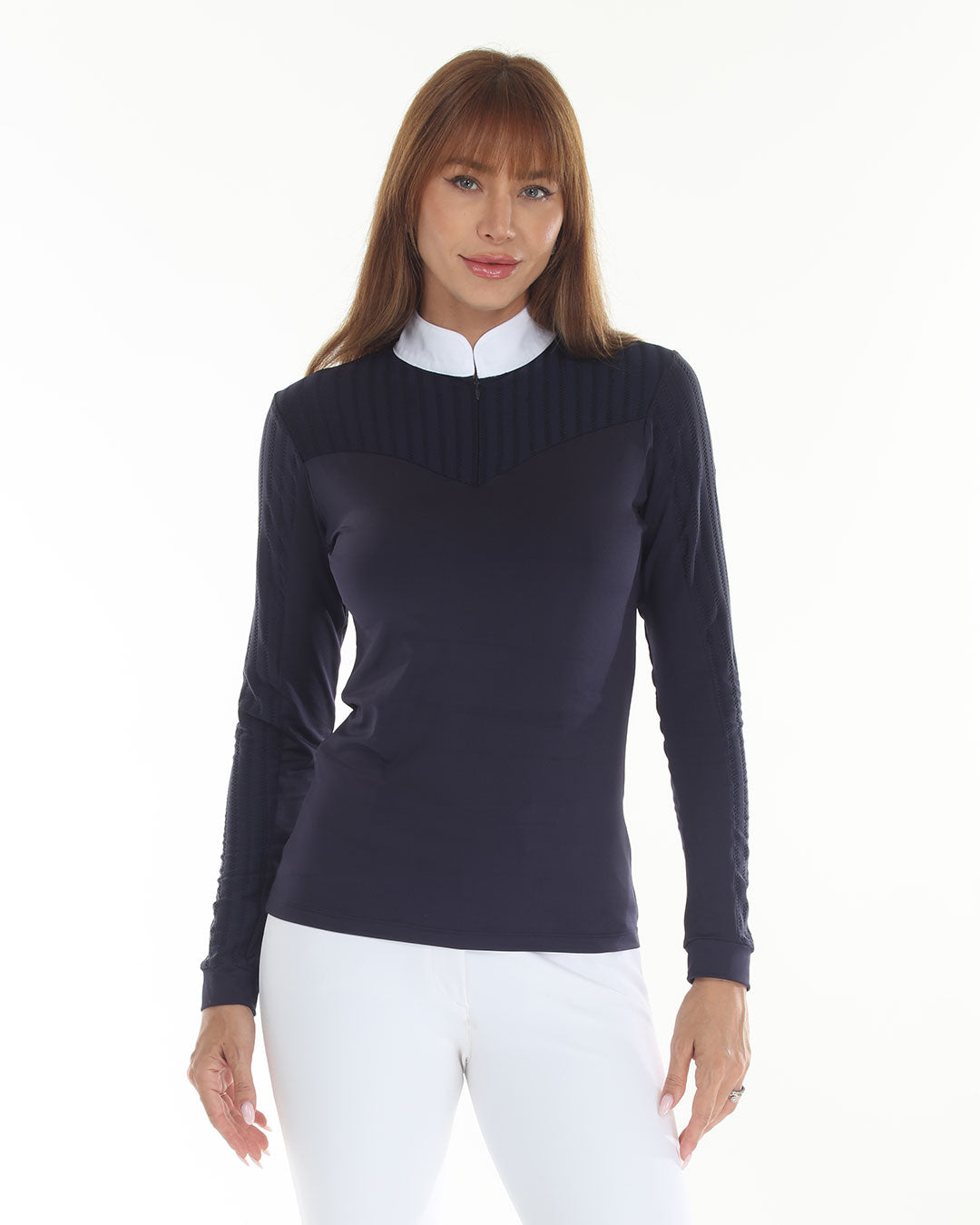 BellEq LOLLY Show Shirt Long Sleeve navy with white collar, riding apparel on Tampa Home & Garden Store