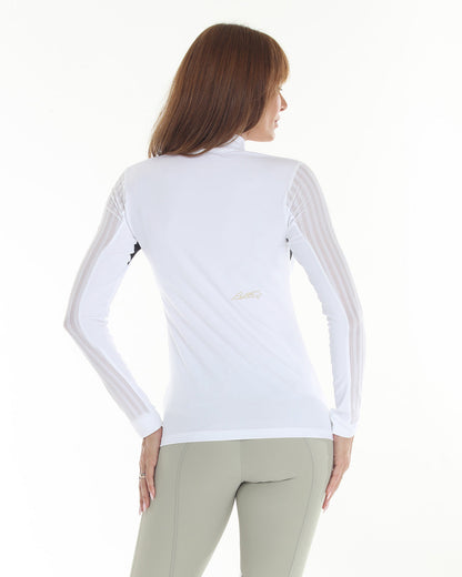 LOLLY Show Shirt Long Sleeve white top with mesh stripe sleeves BellEq Equestrian logo back on Tampa Home & Garden Store