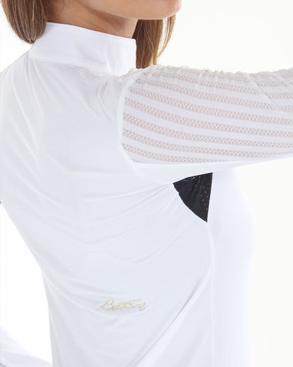 Lolly Show Shirt long-sleeve white equestrian shirt with lace mesh sleeves BellEq logo on Tampa Home & Garden Store