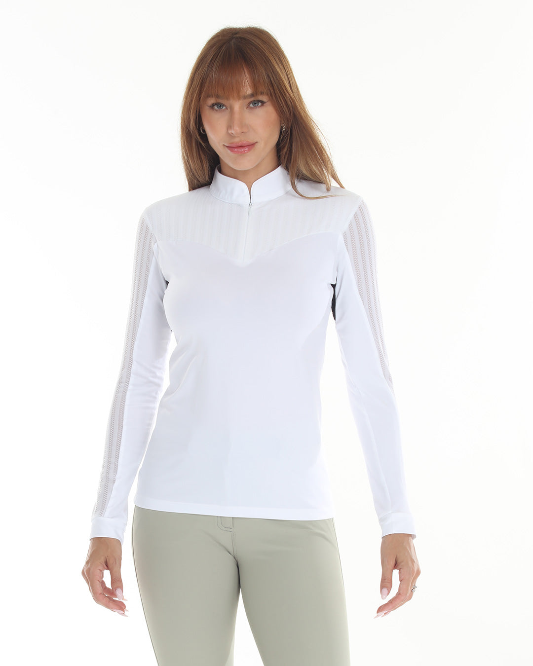 LOLly Show Shirt Long Sleeve by BellEq, white riding shirt with mesh stripe sleeves on Tampa Home & Garden Store