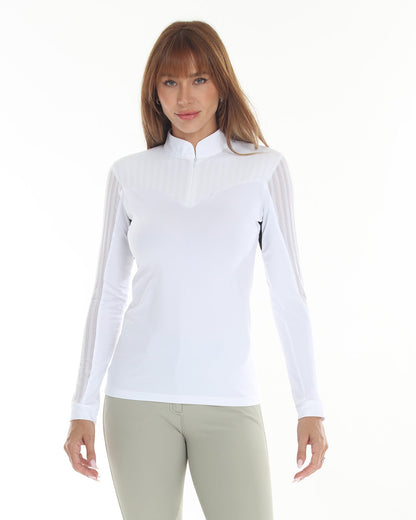 LOLly Show Shirt Long Sleeve by BellEq, white riding shirt with mesh stripe sleeves on Tampa Home & Garden Store
