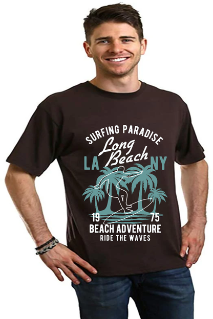 Long Beach bamboo tee with surfing paradise palm graphic, brown, Spun Bamboo on Tampa Home & Garden Store