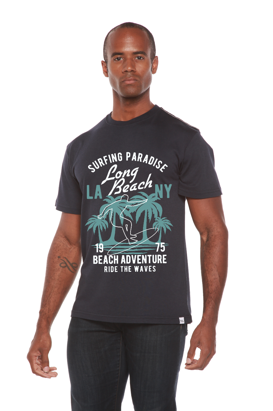 Long Beach men's bamboo viscose organic cotton graphic T-shirt navy with teal palm surf art by Spun Bamboo on Tampa Home & Garden Store
