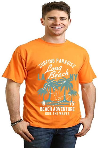 Long Beach men's bamboo graphic T-shirt orange with palm trees and surfing design by Spun Bamboo on Tampa Home & Garden Store
