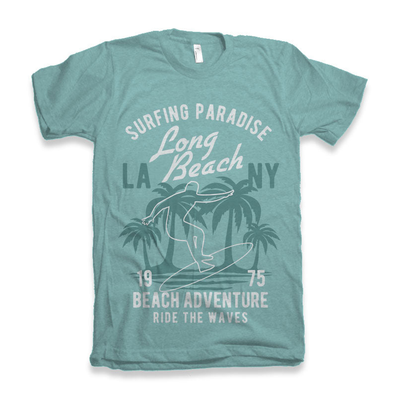 Long Beach men's bamboo viscose/organic cotton graphic tee teal with surfing print Spun Bamboo on Tampa Home & Garden Store