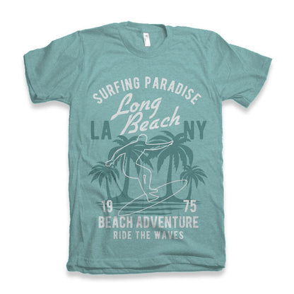 Long Beach men's bamboo viscose/organic cotton graphic tee teal with surfing print Spun Bamboo on Tampa Home & Garden Store