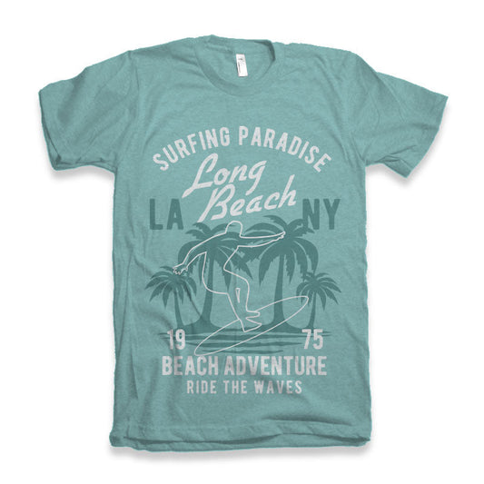 Long Beach men's bamboo viscose/organic cotton graphic tee teal with surfing print Spun Bamboo on Tampa Home & Garden Store