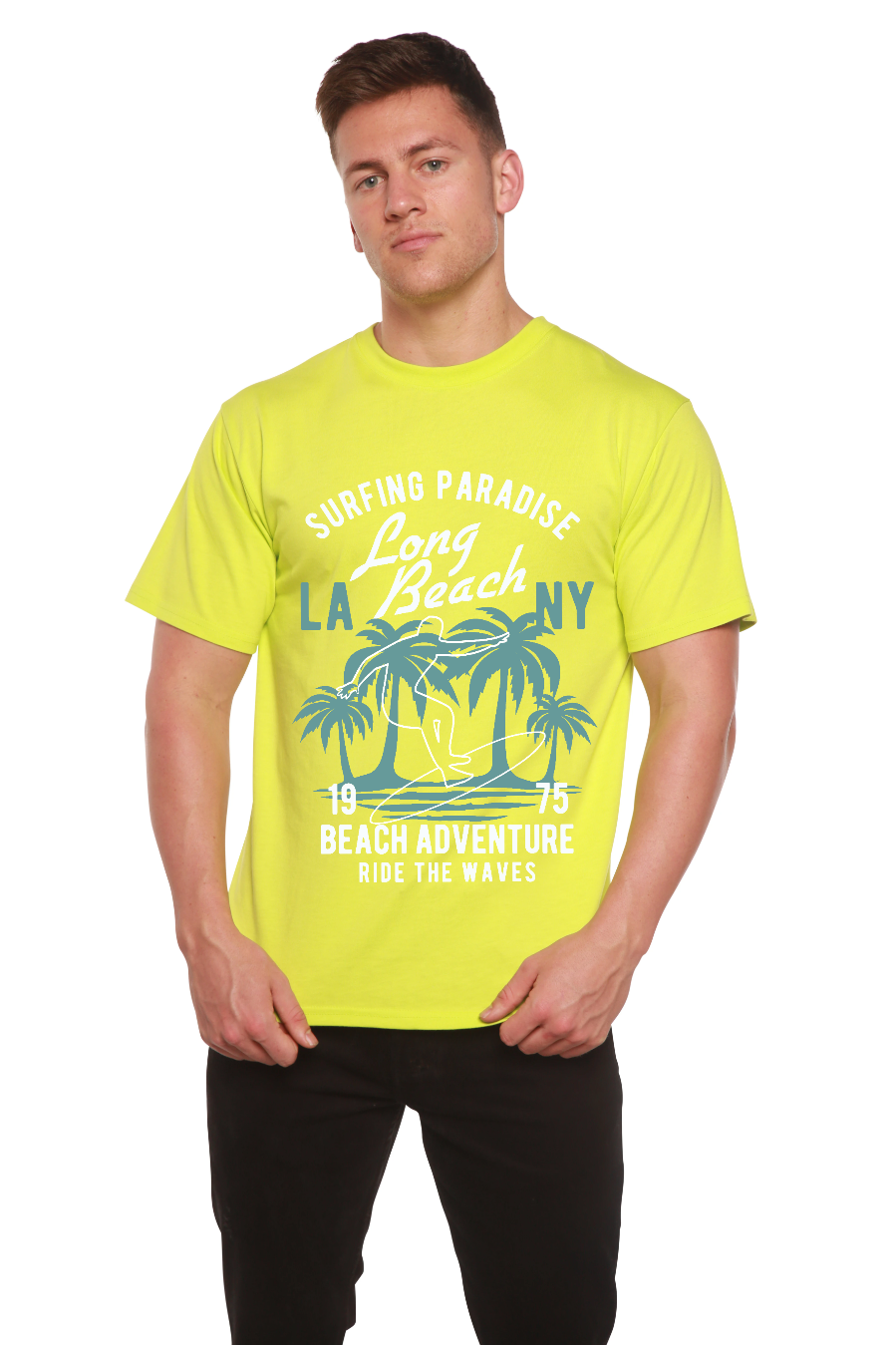 Long Beach mens bamboo T-shirt neon lime palm print by Spun Bamboo on Tampa Home & Garden Store