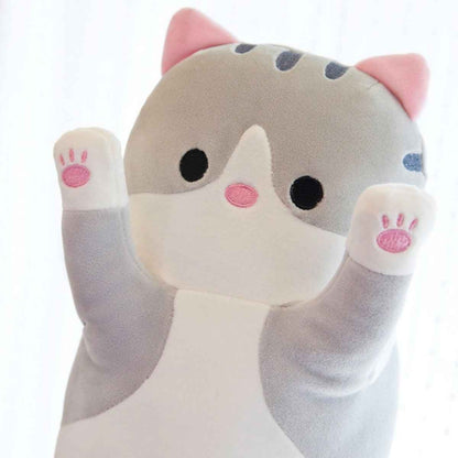Long cat plush pillow in gray and white with pink ears and paw pads raised paws on Tampa Home & Garden Store