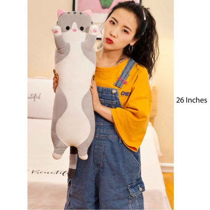 Long cat plush pillow 26 inches, grey and white fur with pink ears by Shaketea on Tampa Home & Garden Store