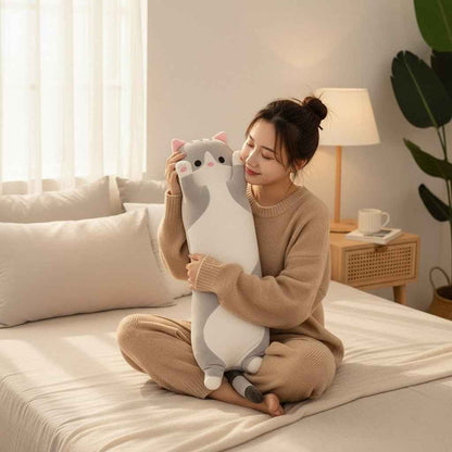 Long Cat Plush Pillow by Shaketea, 26-inch gray and white stuffed cat with pink ears on Tampa Home & Garden Store