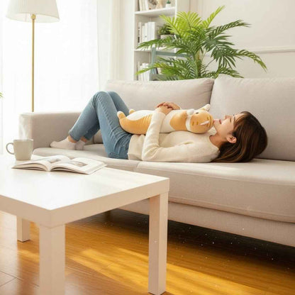 Long cat plush pillow 26in orange white cuddly toy by Shaketea for kids on sofa on Tampa Home & Garden Store