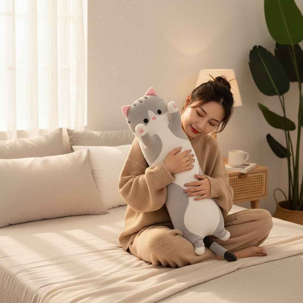 Long cat plush pillow by Shaketea in gray and white, 26in soft stuffed animal on Tampa Home & Garden Store