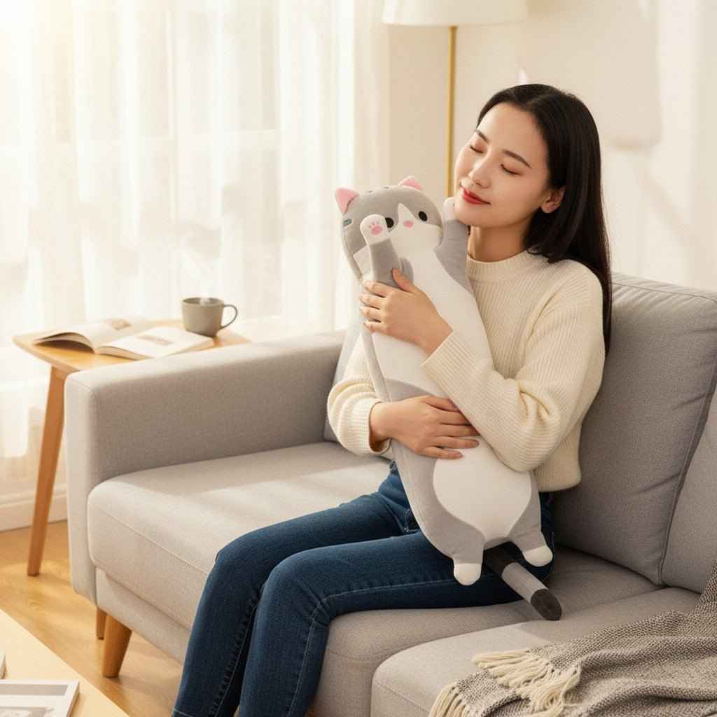 Long cat plush pillow gray and white, 26-inch by Shaketea, stuffed animal on Tampa Home & Garden Store