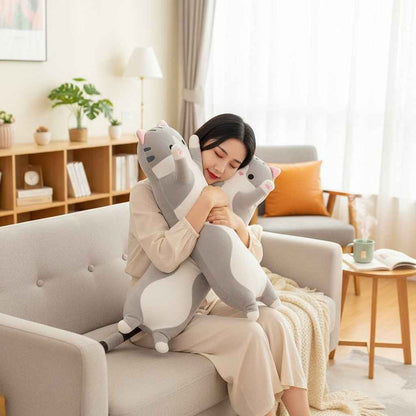Long Cat Plush Pillow 26in gray and white cuddle toy by Shaketea for kids on Tampa Home & Garden Store