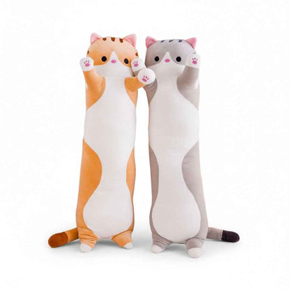 Two 26-inch long cat plush pillows in orange/white and gray/white with pink paw prints on Tampa Home & Garden Store