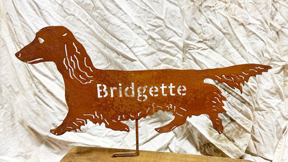 Long Haired Dachshund statue metal lawn ornament silhouette Rustica Ornamentals on Tampa Home & Garden Store
