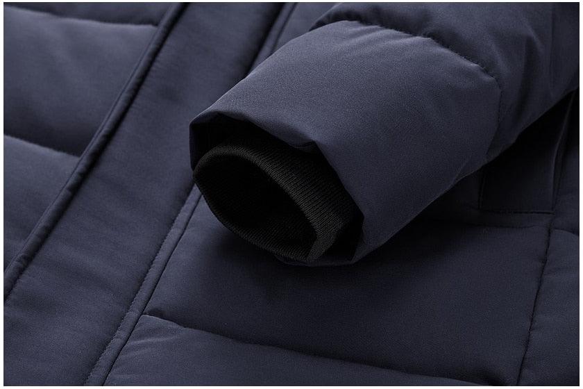 Stevvex navy blue padded hooded parka with quilted panels and black ribbed cuff for men on Tampa Home & Garden Store