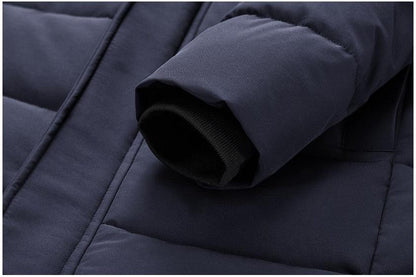 Stevvex navy blue padded hooded parka with quilted panels and black ribbed cuff for men on Tampa Home & Garden Store