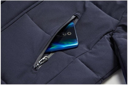 Stevvex navy hooded parka with chest zip pocket for phone, windproof quilted coat on Tampa Home & Garden Store