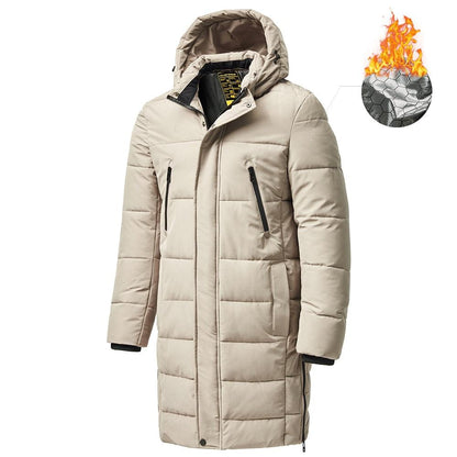 Long beige puffer parka by Stevvex for men with hood, windproof, quilted zip pockets on Tampa Home & Garden Store
