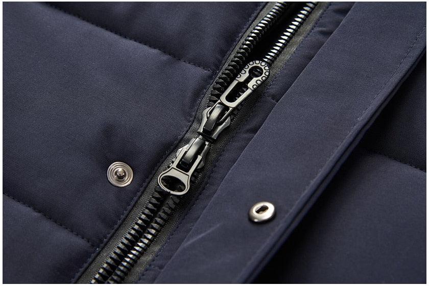 Navy hooded parka with thick insulation, windproof zipper, metal snaps on Tampa Home & Garden Store