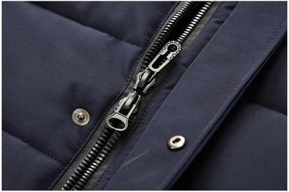 Navy hooded parka with thick insulation, windproof zipper, metal snaps on Tampa Home & Garden Store