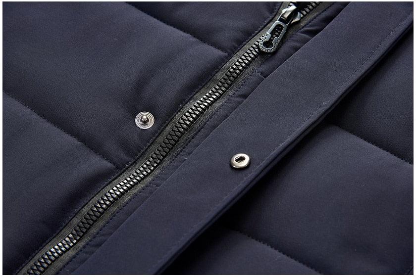Long winter hooded parka navy quilted by Stevvex with metal zipper and snap buttons on Tampa Home & Garden Store