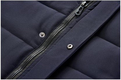 Long winter hooded parka navy quilted by Stevvex with metal zipper and snap buttons on Tampa Home & Garden Store