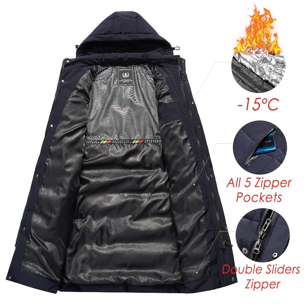 Stevvex men's navy winter parka with hood, thick insulation, 5 zip pockets, double-slider zipper on Tampa Home & Garden Store