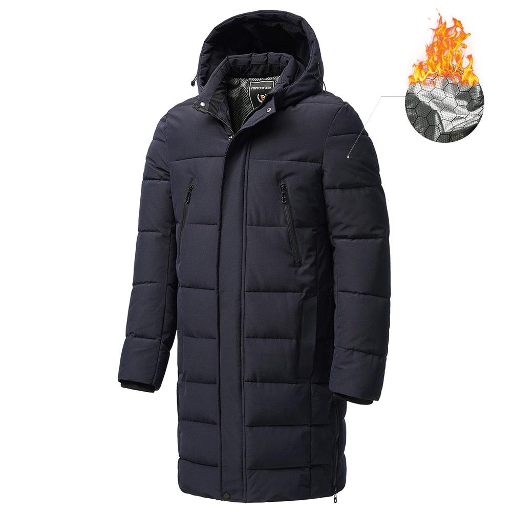 Stevvex navy long winter puffer parka with hood, quilted panels and zip pockets on Tampa Home & Garden Store