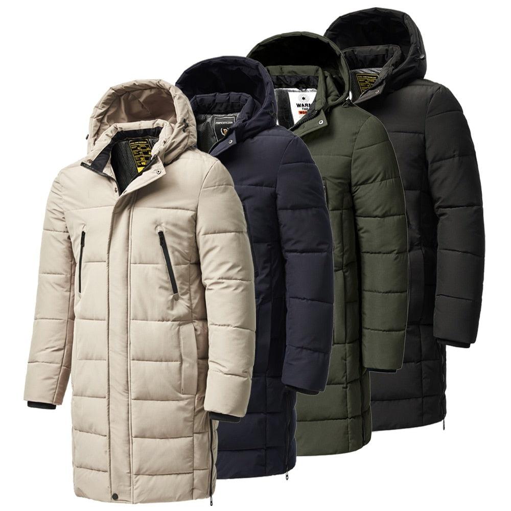 Stevvex long hooded puffer parka 4-color set beige navy olive black with zip pockets on Tampa Home & Garden Store