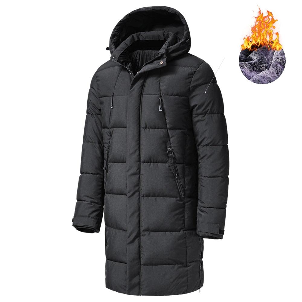 Long black winter puffer parka by Stevvex with hood, windproof, quilted, multiple pockets on Tampa Home & Garden Store