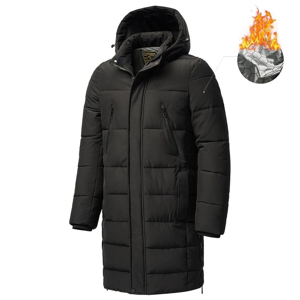 Long quilted hooded parka by Stevvex in black with windproof design and two zip pockets on Tampa Home & Garden Store