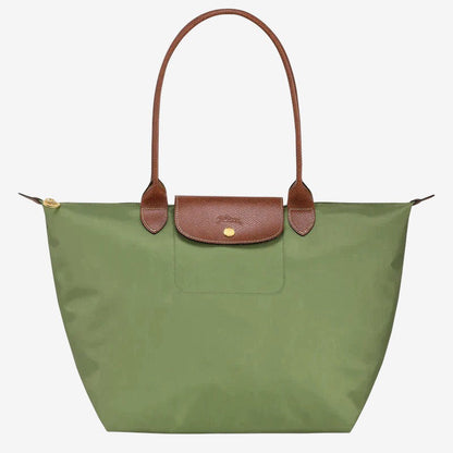 Large classic shoulder handbag in green with brown leather trim Moktan Sabai shopper bag on Tampa Home & Garden Store