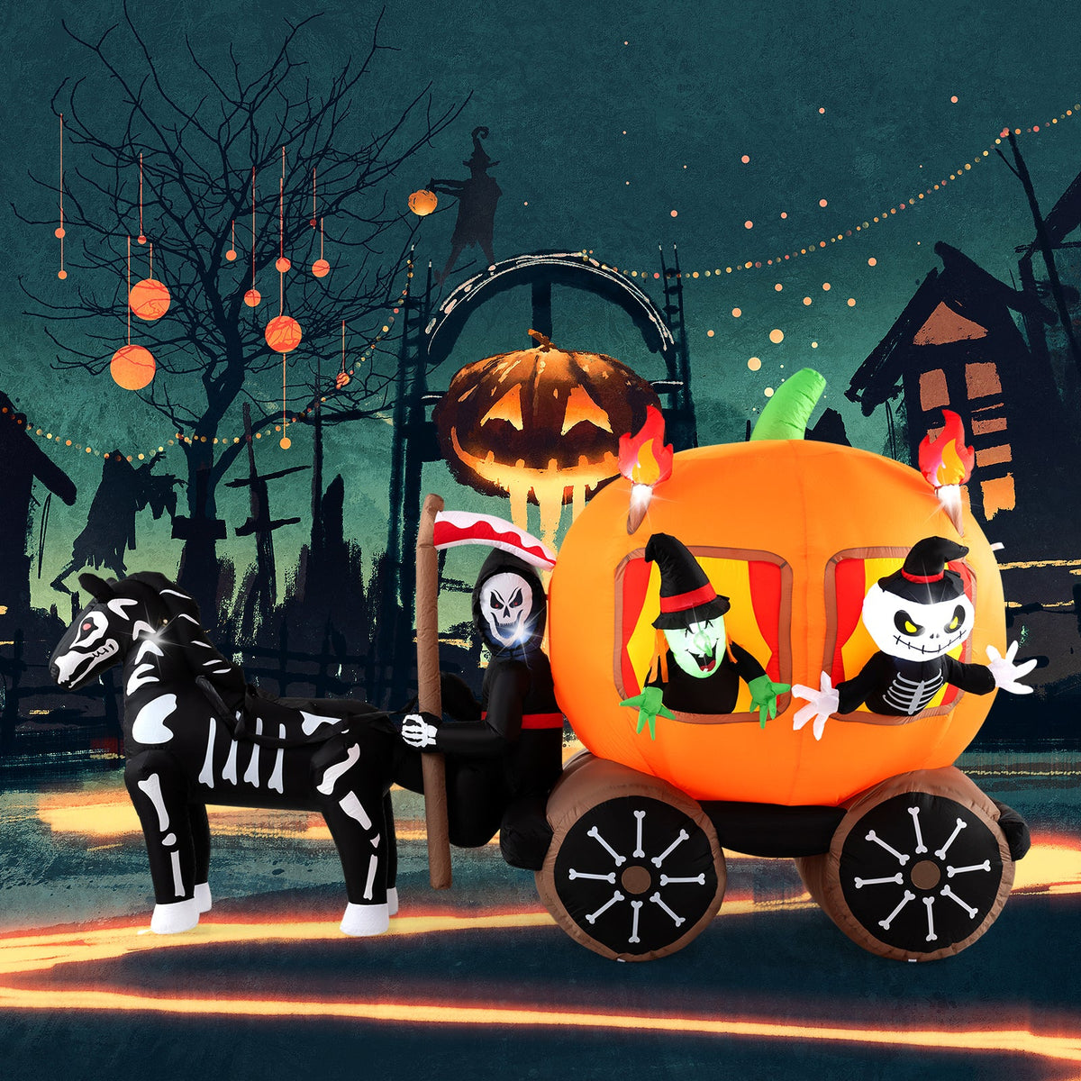 10.2 ft Halloween inflatable carriage with pumpkin and 2 ghosts, orange carriage, DirectDeals on Tampa Home & Garden Store
