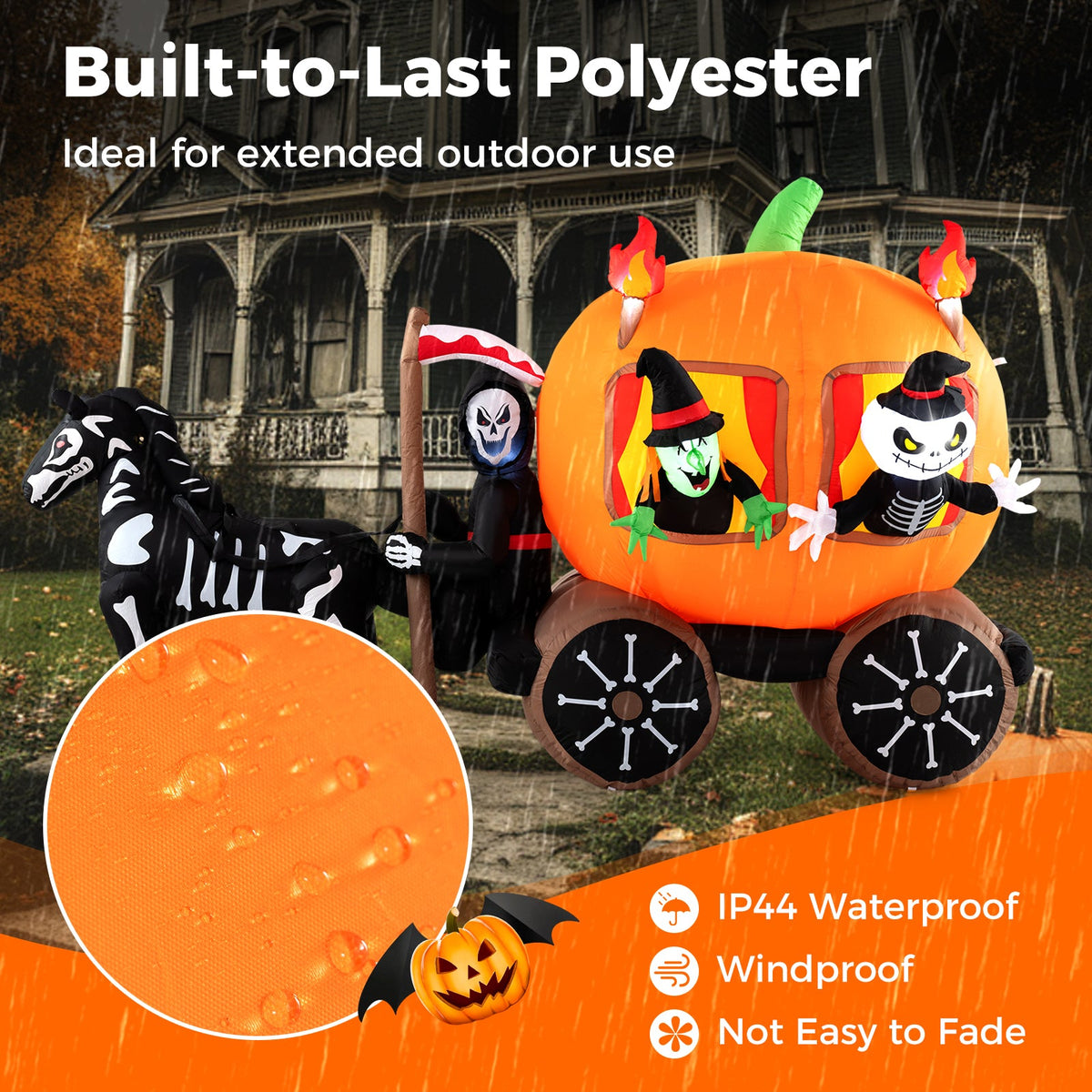 10.2 ft Halloween inflatable carriage orange pumpkin with 2 ghosts pulled by skeletal horse DirectDeals on Tampa Home & Garden Store