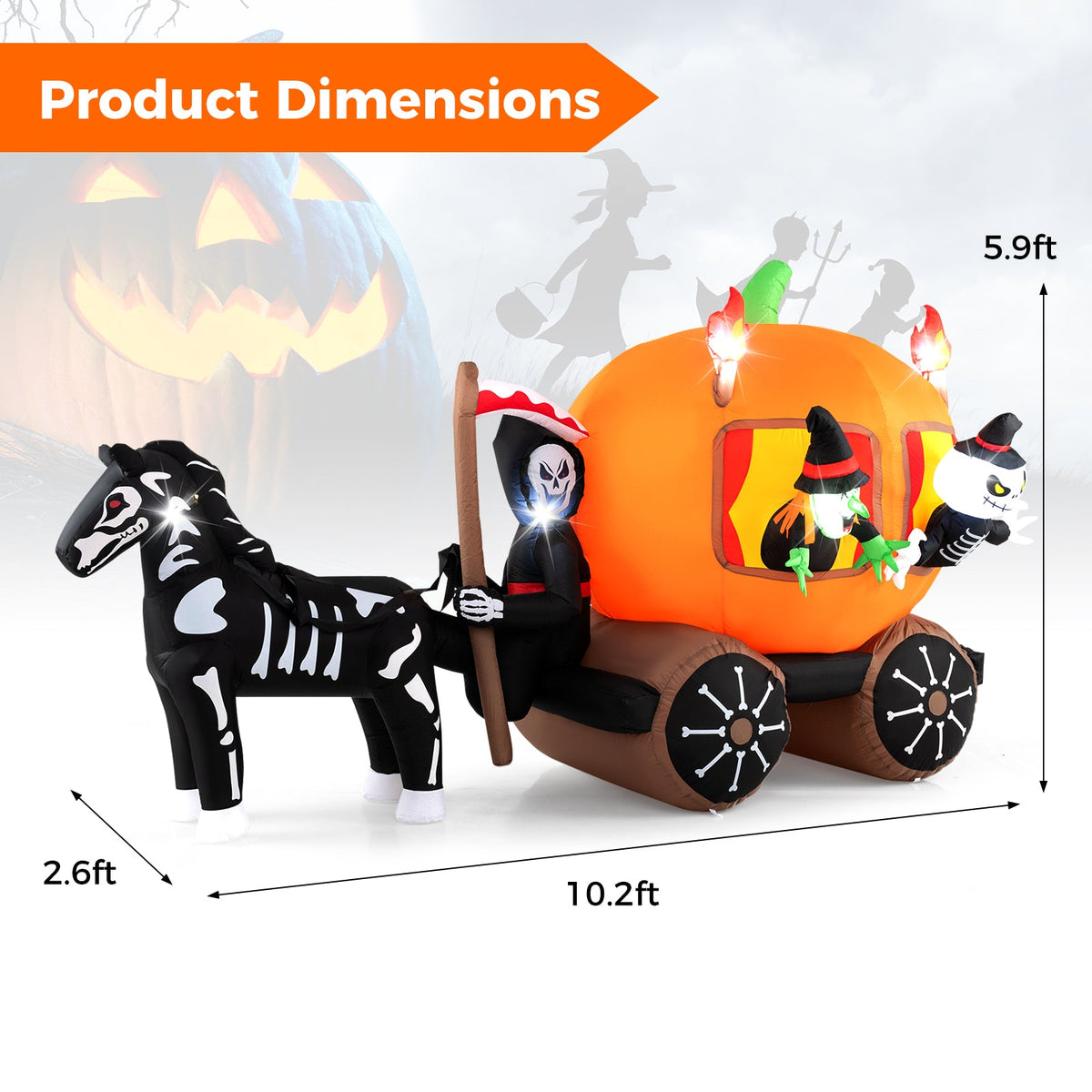 10.2ft Halloween inflatable pumpkin carriage with two ghosts and skeleton horse DirectDeals on Tampa Home & Garden Store