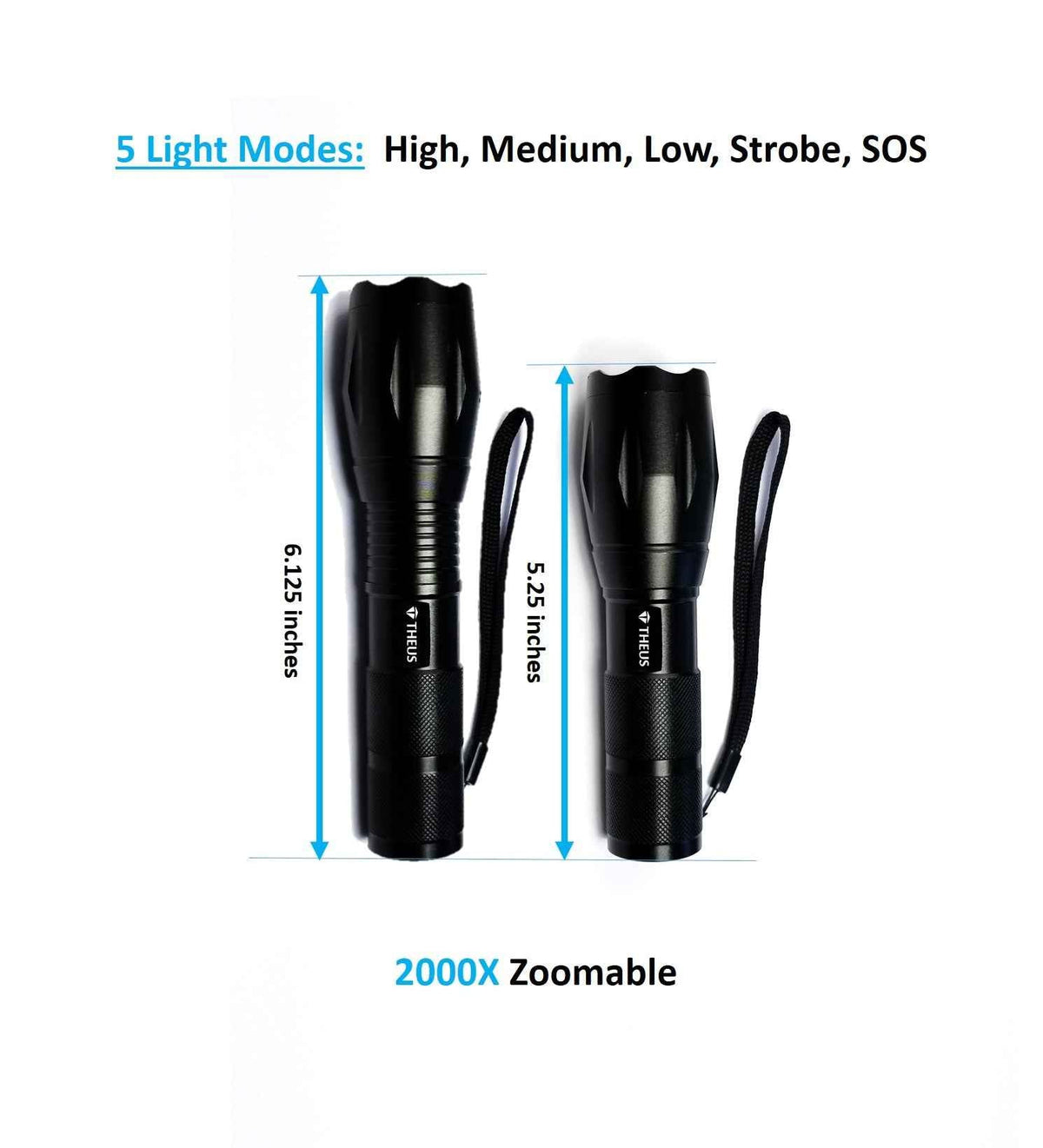 THEUS Rechargeable Flashlight Kit 2-pack black flashlights with lanyards 2000x zoomable on Tampa Home & Garden Store