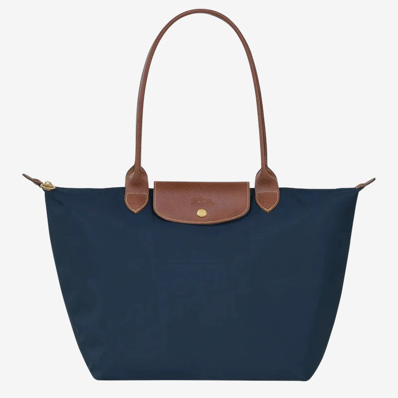 Large Classic Shoulder Handbag Moktan Sabai navy bag with brown leather trim and flap on Tampa Home & Garden Store