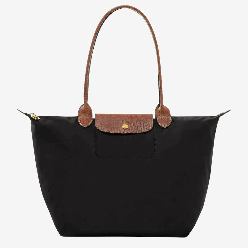 Large Classic Shoulder Handbag in black with brown leather handles and front flap on Tampa Home & Garden Store