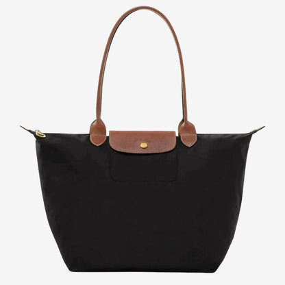 Large Classic Shoulder Handbag in black with brown leather handles and front flap on Tampa Home & Garden Store
