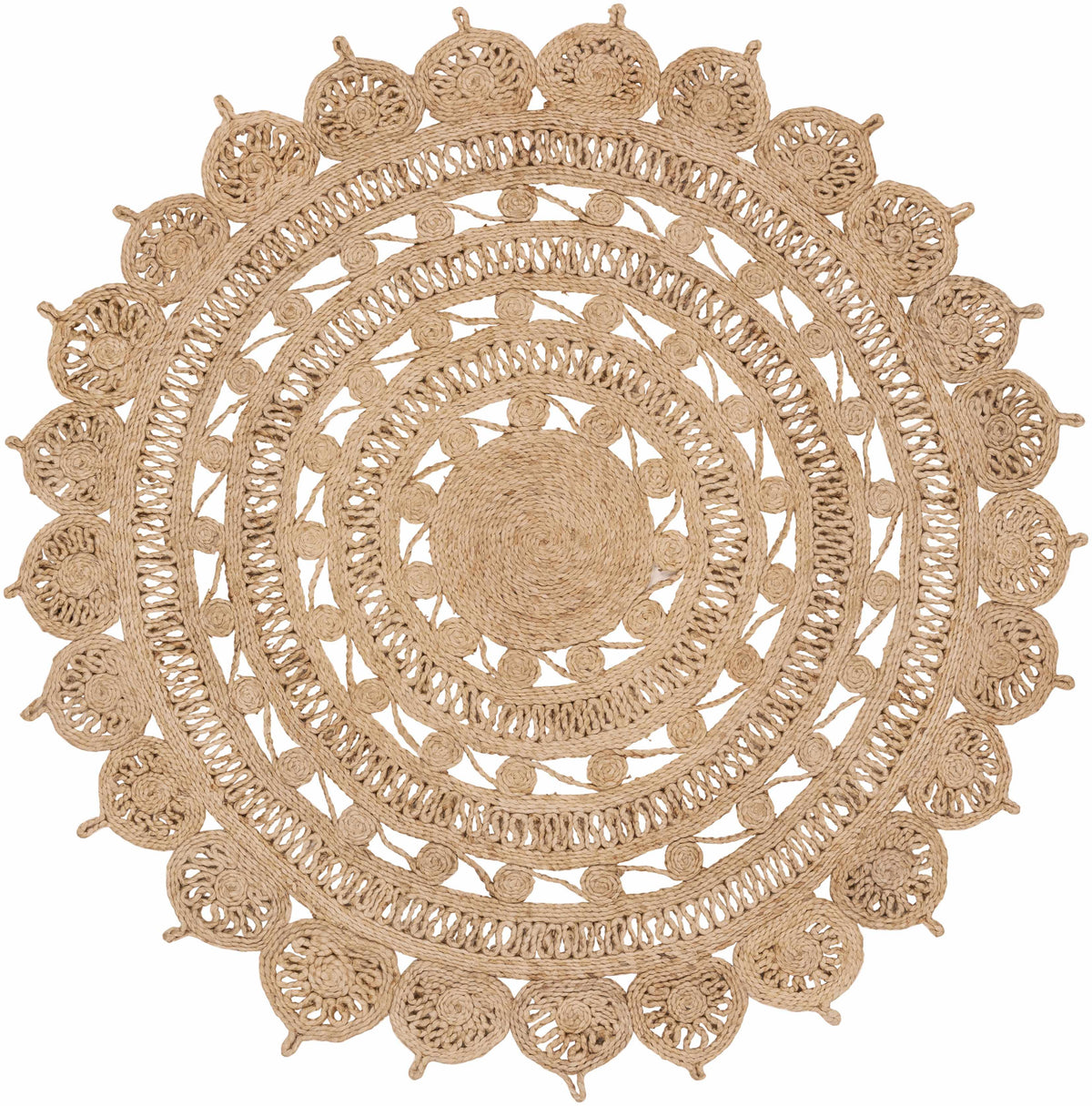 Longville Round Jute Rug by Boutique Rugs, natural beige with rosette border weave on Tampa Home & Garden Store