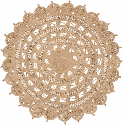 Longville Round Jute Rug by Boutique Rugs, natural beige with rosette border weave on Tampa Home & Garden Store