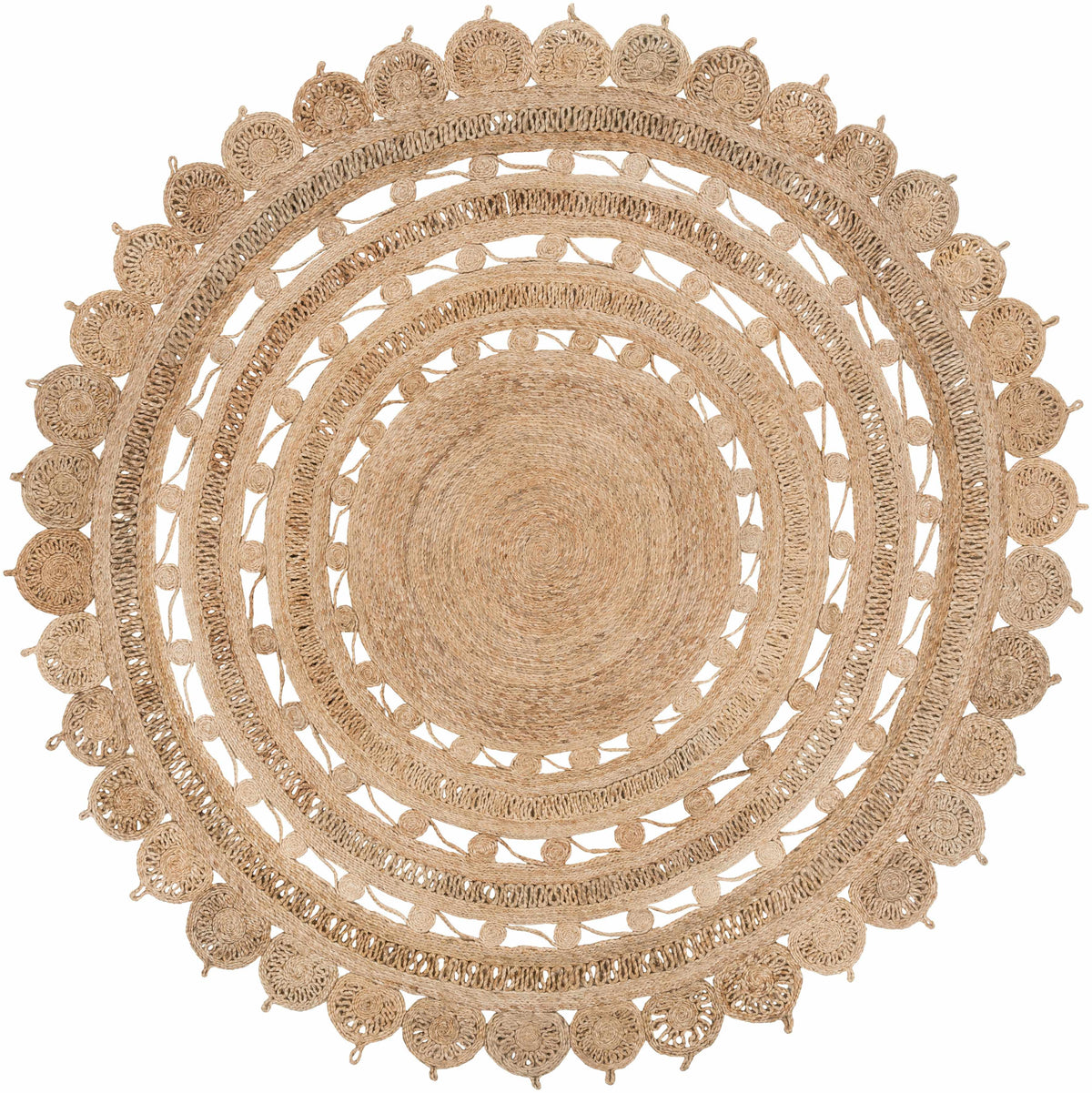 Longville Round Jute Rug natural beige circular woven layers with fringe by Boutique Rugs on Tampa Home & Garden Store