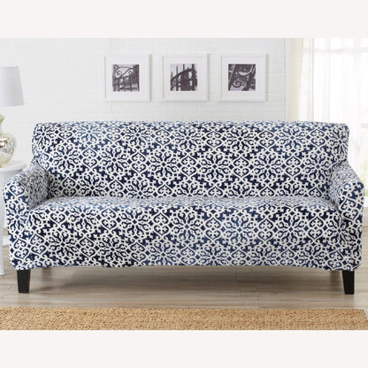 Velvet Stretch Slipcover Gale Collection by Great Bay Home covers navy damask sofa on Tampa Home & Garden Store