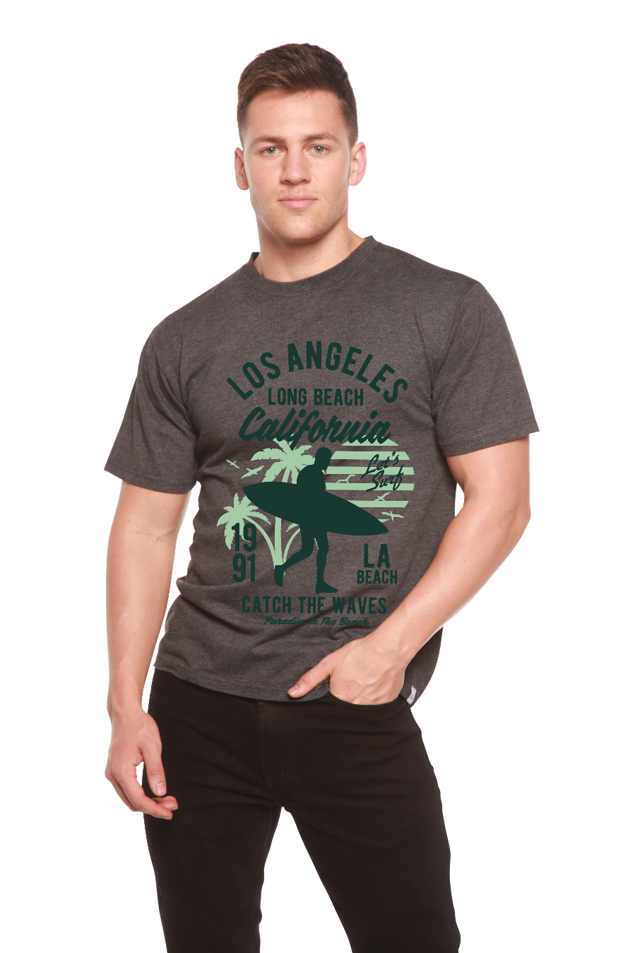 Los Angeles men's graphic tee with teal surf print, bamboo viscose/organic cotton on Tampa Home & Garden Store