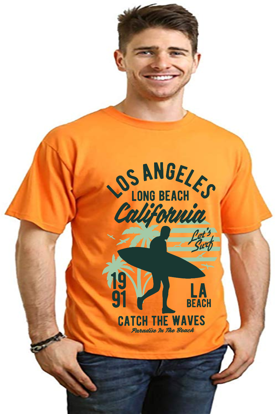 Los Angeles men's orange graphic tee with surfer silhouette and palm trees by Spun Bamboo on Tampa Home & Garden Store