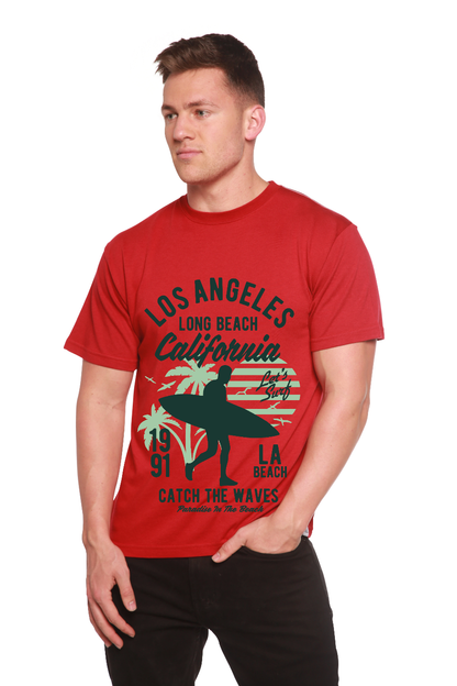 Los Angeles men's graphic T-shirt red with surfer silhouette and palm trees by Spun Bamboo on Tampa Home & Garden Store